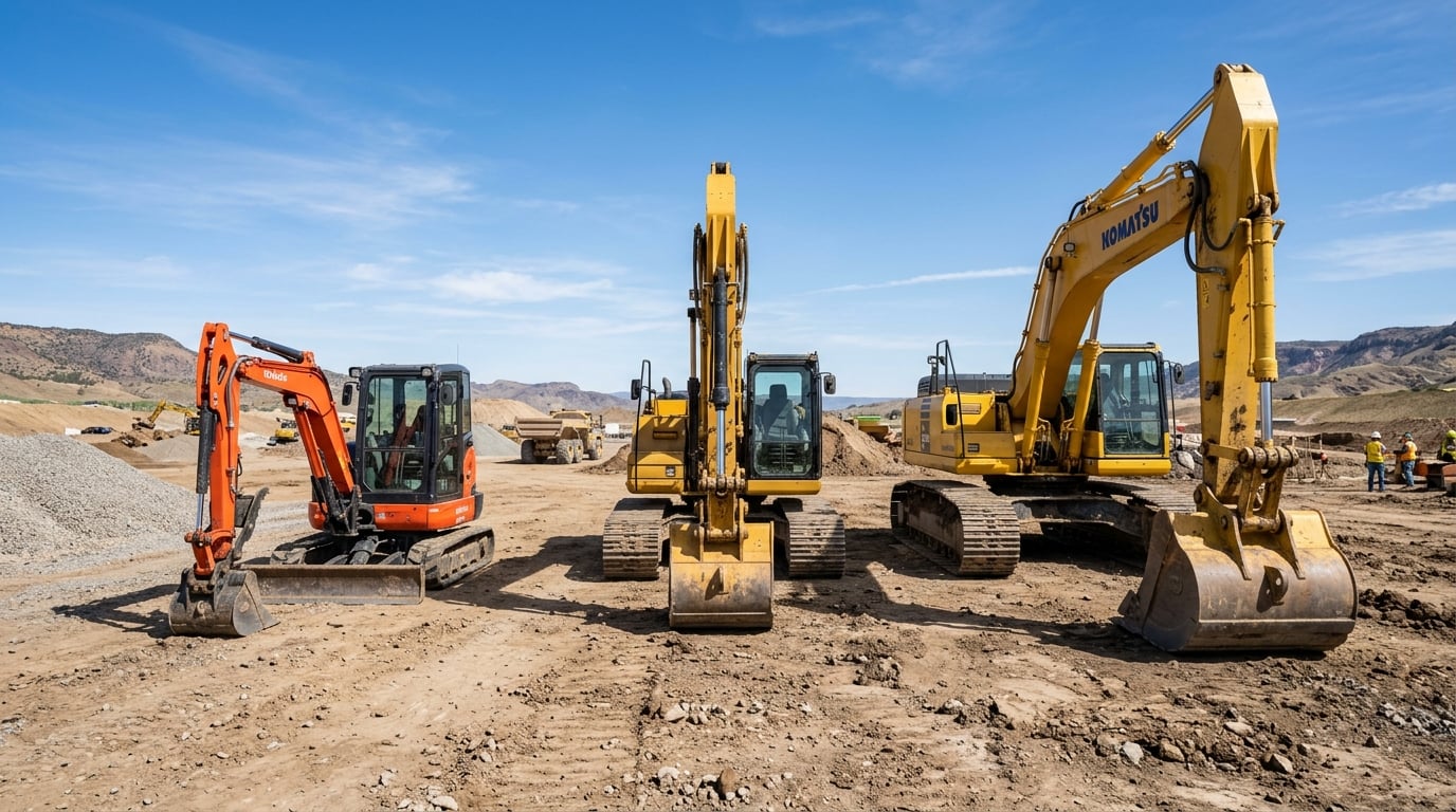 Three excavators of different sizes lined up on a construction site