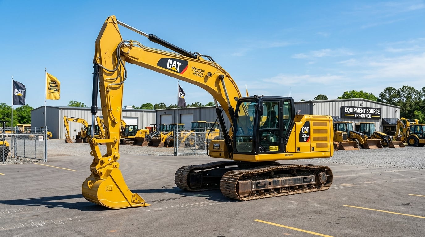 A clean used hydraulic excavator parked on an equipment dealer sales lot